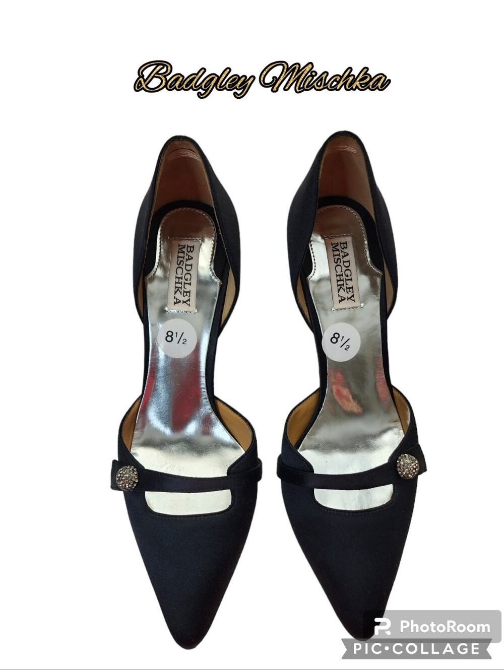 Bagley Mischka Bryon heels dress black fabric crystal decor leather sz 8.5 🎉HP